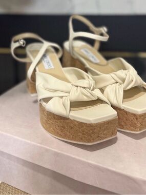 Jimmy Choo Ivory Knotted Leather Cork Platform Sandals